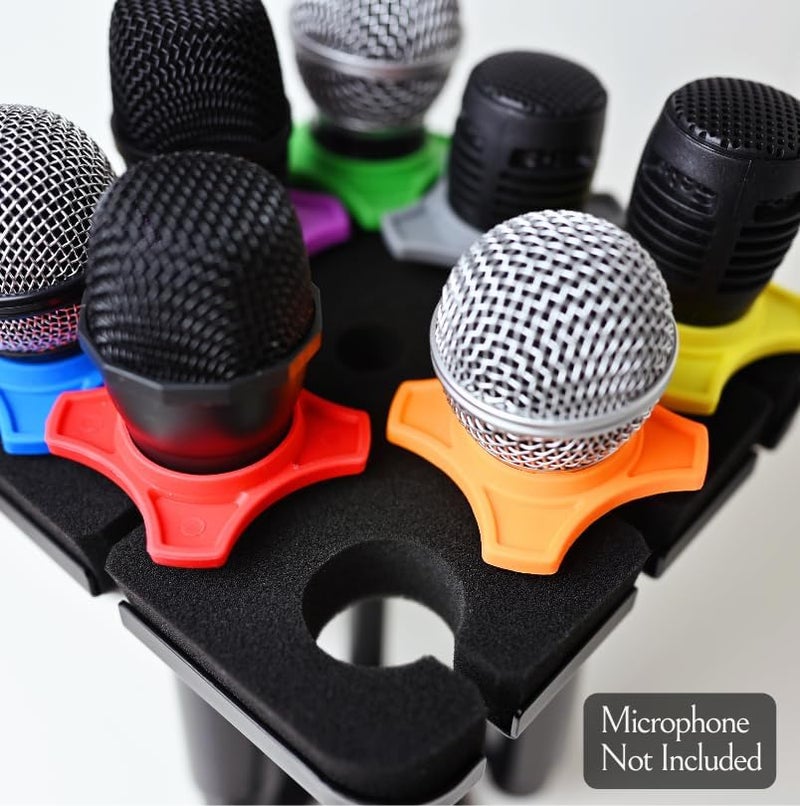 Simplurfi Multi Microphone Holder For Mic Stand - Square Tray Attachment holds up to 8 mics On Stage Organizer and Display - 8 Anti-roll Rings Included - Image 2
